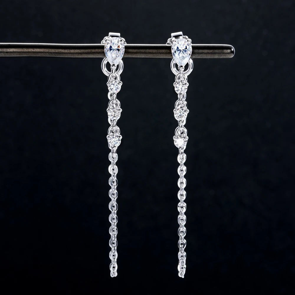 Bee-Bees Pear cut moissanite tassel drop earrings in S925 silver with GRA certification.