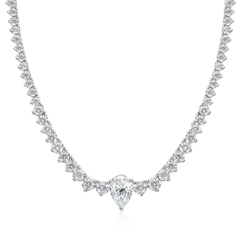 Bee-Bee's Pear cut moissanite tennis necklace with 4ct D Color VVS1 stones set in 18K gold plated sterling silver.
