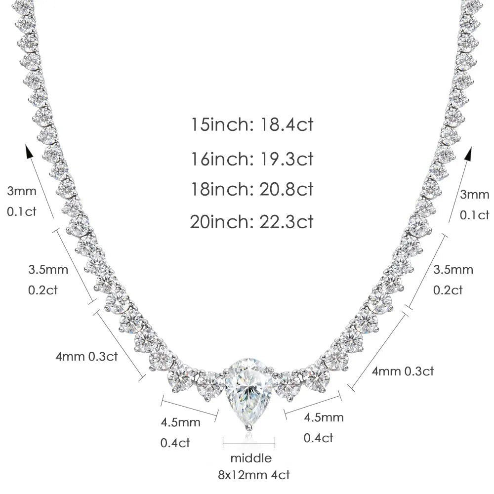 Bee-Bees 4ct pear cut moissanite tennis necklace with VVS1 clarity and D color, set in 18K gold plated sterling silver.