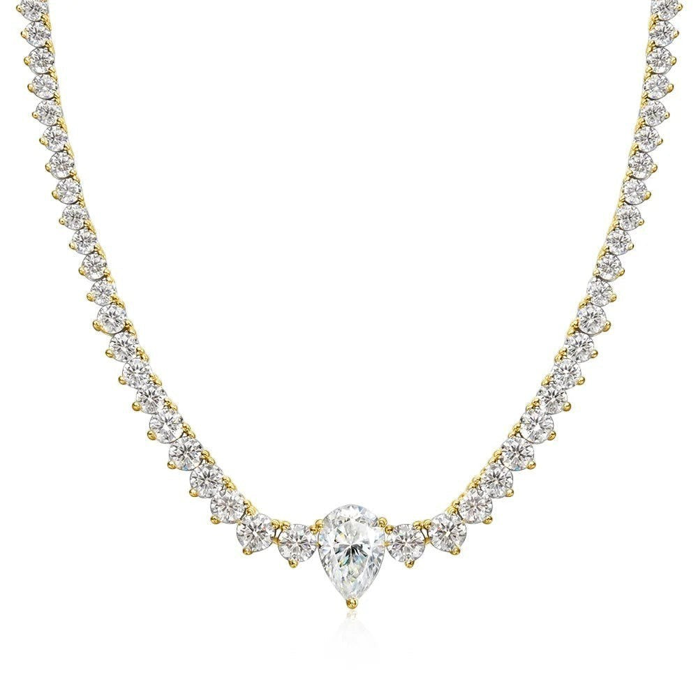 Bee-Bee's 4ct pear cut moissanite tennis necklace with round cut stones in 18K gold plated sterling silver.