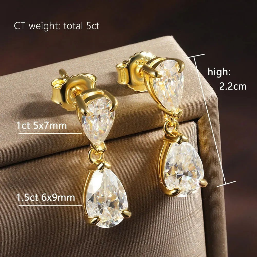 Bee-Bee's D VVS1 Pear Cut Moissanite Drop Earrings in 18k Gold Plated S925 Sterling Silver. Total 5ct.
