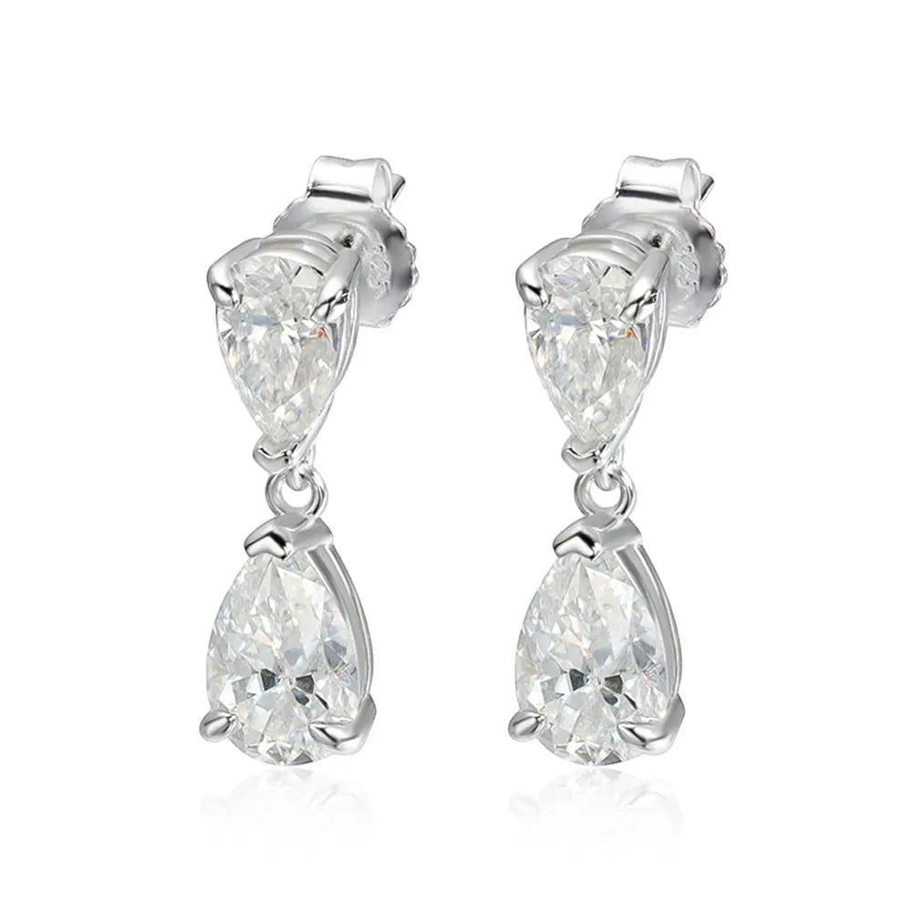 Bee-Bees D VVS1 Pear Cut Moissanite Drop Earrings in S925 Sterling Silver, 5ct total weight, GRA Certified.