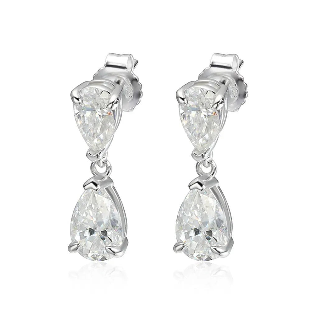 Bee-Bees D VVS1 Pear Cut Moissanite Drop Earrings in S925 Sterling Silver, 5ct total weight, GRA Certified.
