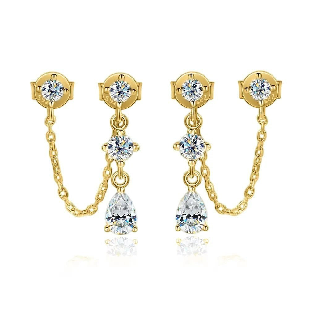 Bee-Bee's D VVS1 pear cut moissanite drop earrings in solid S925 sterling silver with 18k gold plating.
