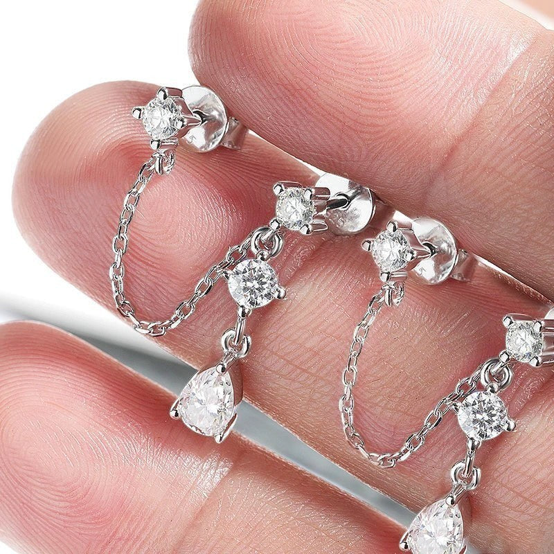 Bee-Bee's D VVS1 pear cut moissanite drop earrings in solid S925 sterling silver with 18k gold plating.