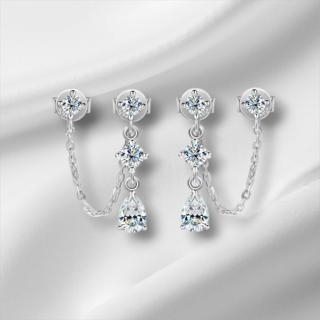 Bee-Bee's D VVS1 pear cut moissanite drop earrings in solid S925 sterling silver with 18k gold plating.