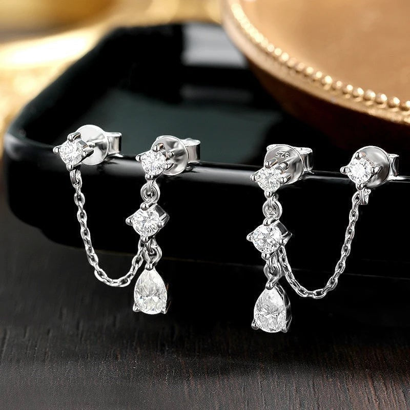 Bee-Bee's D VVS1 pear cut moissanite drop earrings in solid S925 sterling silver with 18k gold plating.