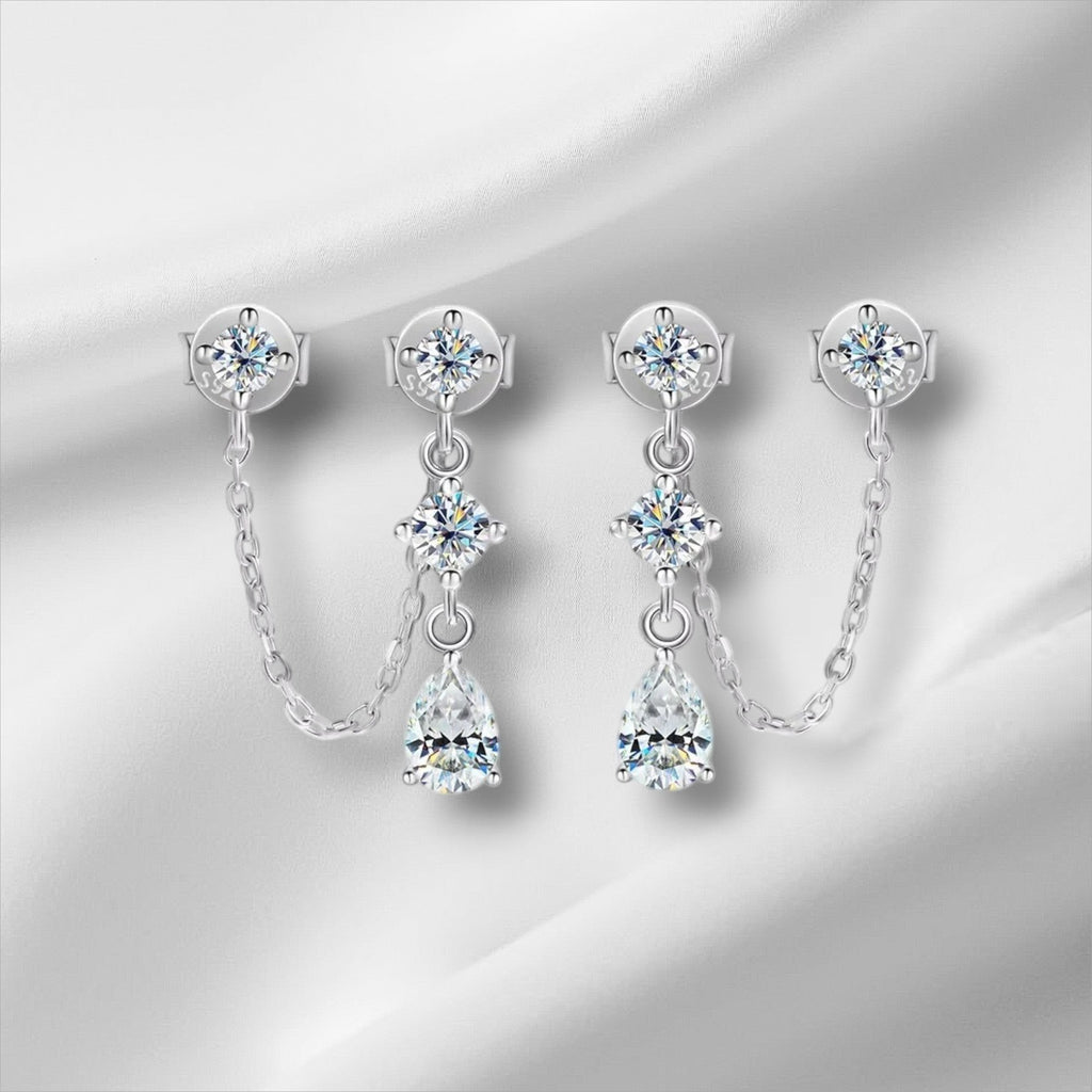 Bee-Bee's D VVS1 pear cut moissanite drop earrings in solid S925 sterling silver with 18k gold plating.