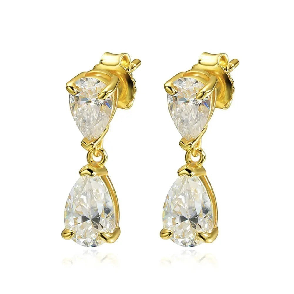 Bee-Bee's D VVS1 Pear Cut Moissanite Drop Earrings in 18k Gold Plated S925 Sterling Silver with GRA Certificate.