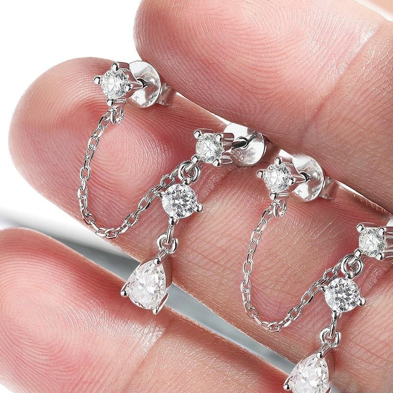 Bee-Bee's D VVS1 pear cut moissanite drop earrings in solid S925 sterling silver with 18k gold plating.