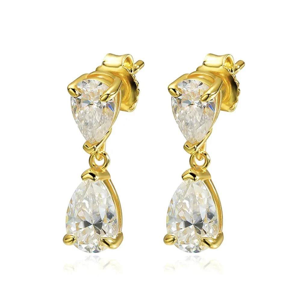 Bee-Bee's D VVS1 Pear Cut Moissanite Drop Earrings in 18k Gold Plated S925 Sterling Silver with GRA Certificate.