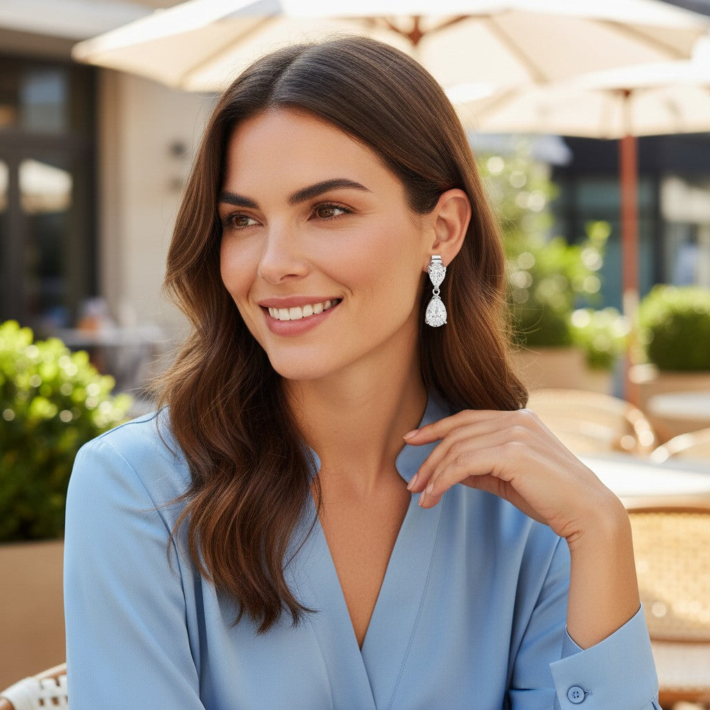 Bee-Bees pear-cut moissanite drop earrings in sterling silver worn by a smiling woman in a light blue blouse
