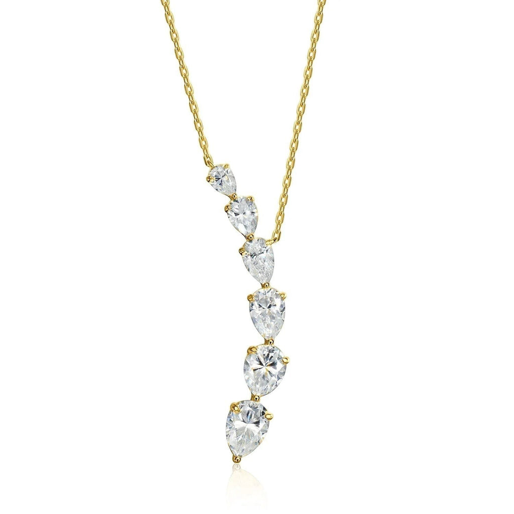 Bee-Bee's 7.6ct pear cut moissanite necklace with 5 graduated stones on a yellow gold chain.