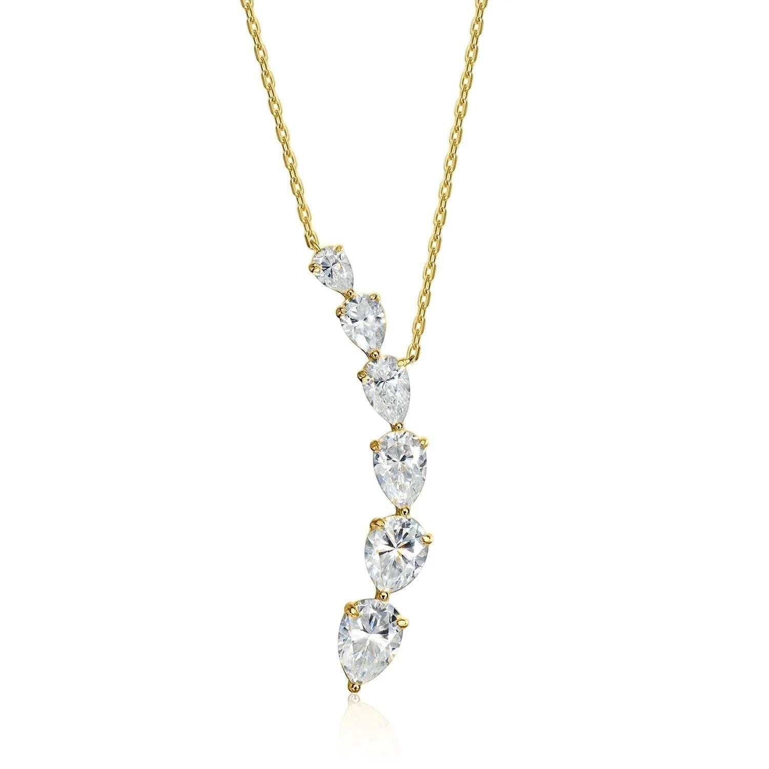 Bee-Bee's 7.6ct pear cut moissanite necklace with 5 graduated stones on a yellow gold chain.