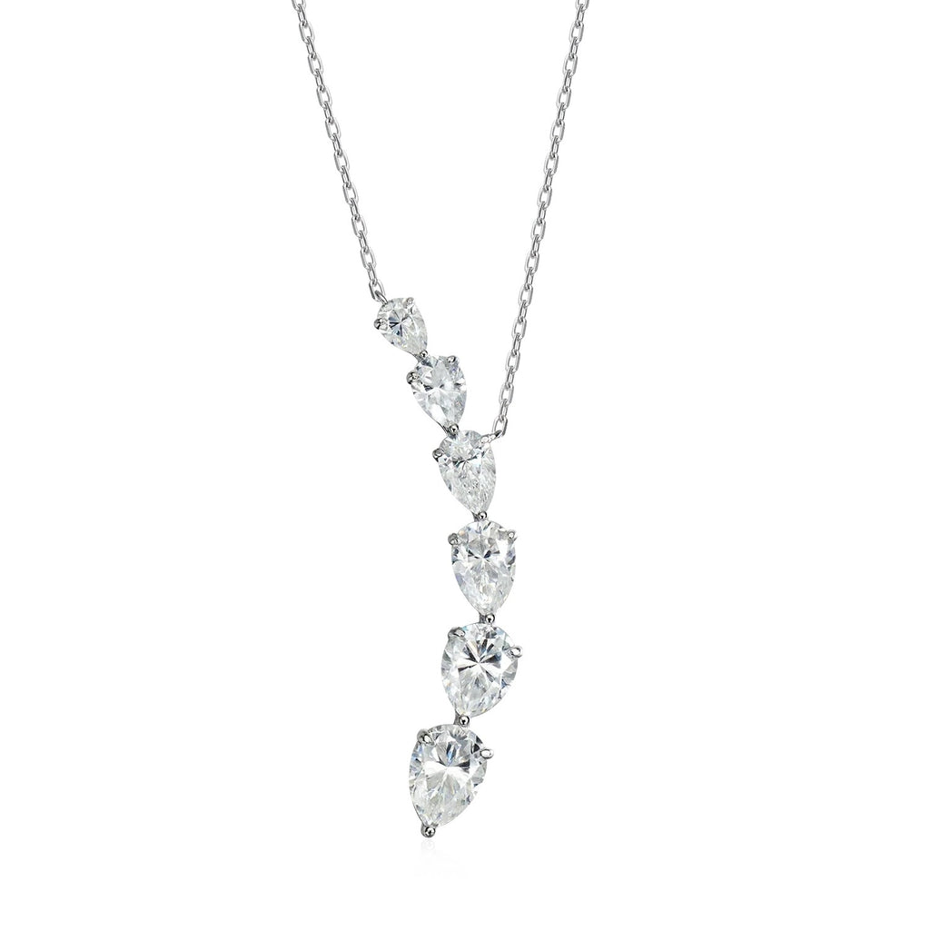 Bee-Bee's 7.6ct pear cut moissanite necklace with 5 graduated stones on a silver chain. D Color GRA Certified.