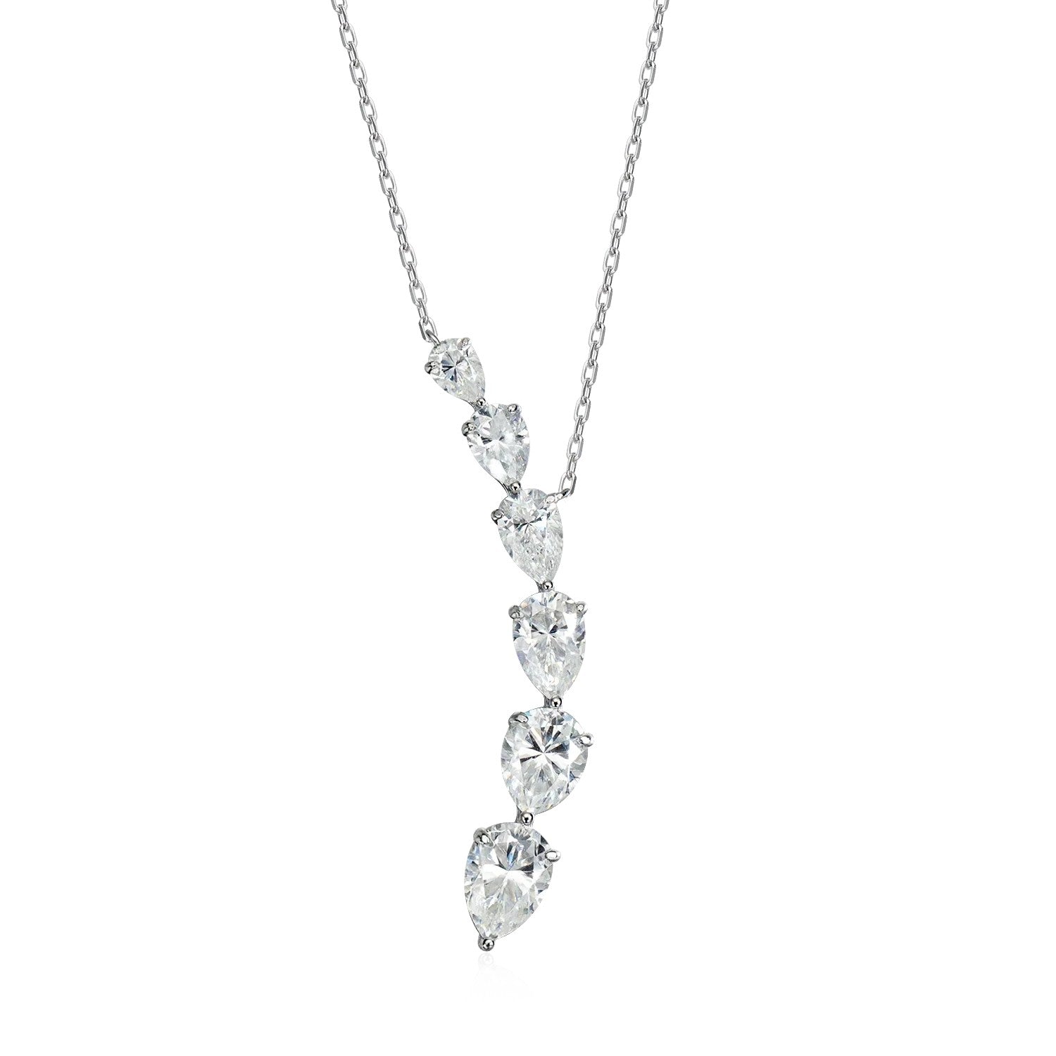 Bee-Bee's 7.6ct pear cut moissanite necklace with 5 graduated stones on a silver chain. D Color GRA Certified.