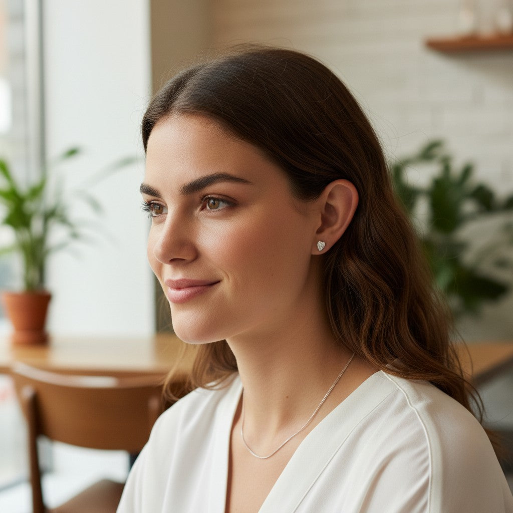 Bee-Bees pear cut moissanite stud earrings in 925 sterling silver worn by a woman in a bright, natural setting.