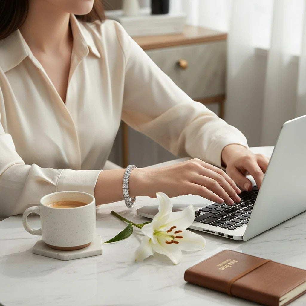 Bee-Bees princess cut moissanite tennis bracelet in 18k white gold plated sterling silver, worn by a woman working at a laptop.