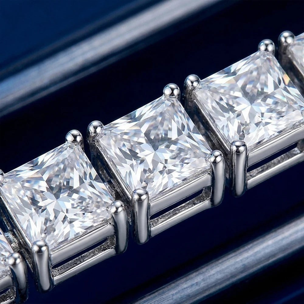 Bee-Bee's Princess cut moissanite tennis bracelet in 18k white gold plated 925 silver, VVS1 D color stones.
