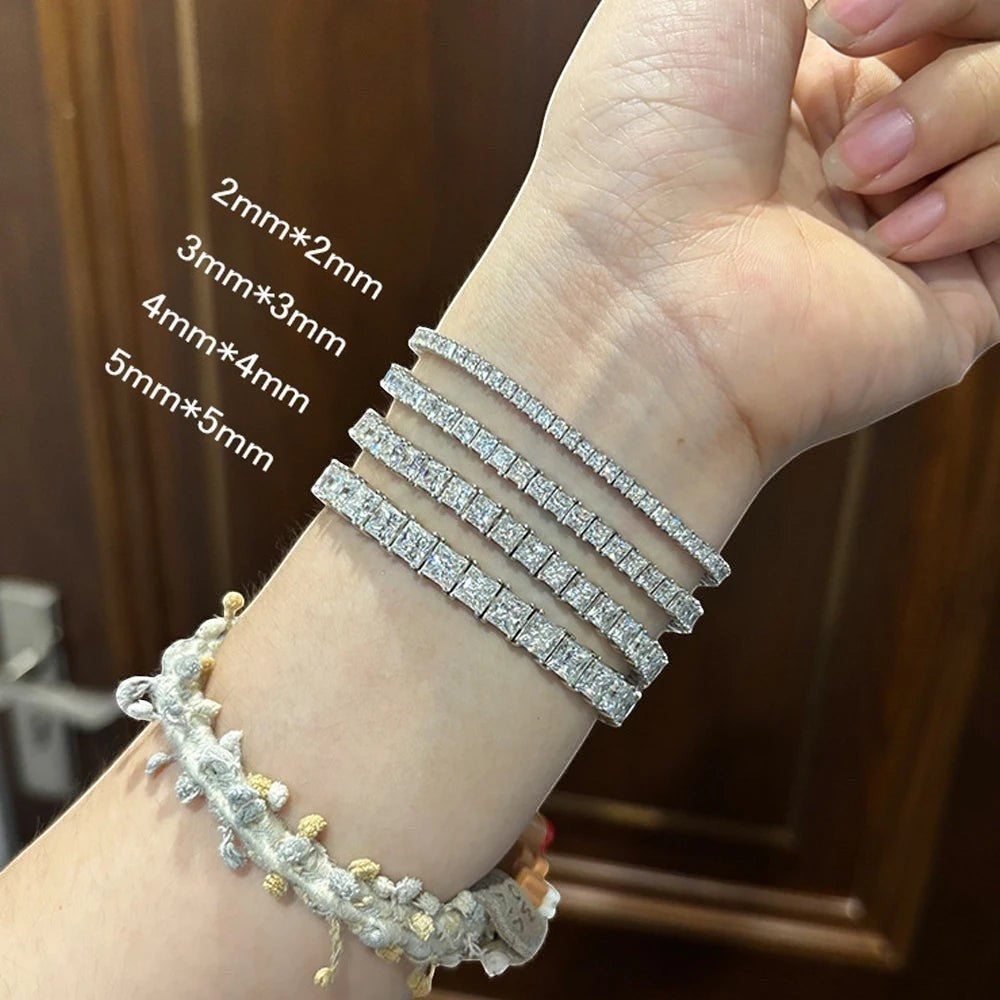 Bee-Bee's Princess cut moissanite tennis bracelet in 925 silver with 18k white gold plating, showcasing D color VVS1 clarity stones.