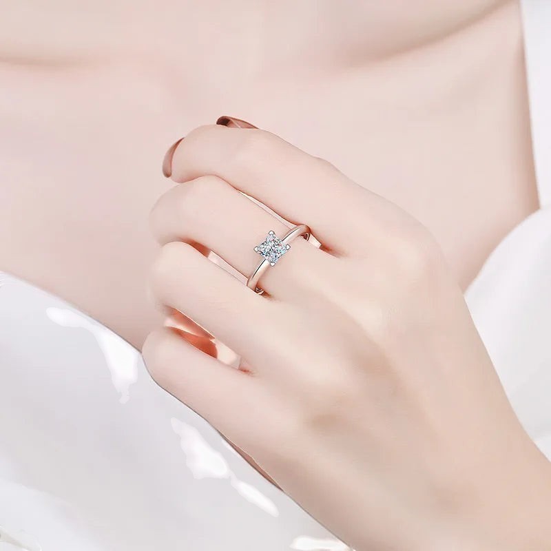 Bee-Bees Princess cut moissanite ring in sterling silver with 18K white gold plating, 1-3ct.