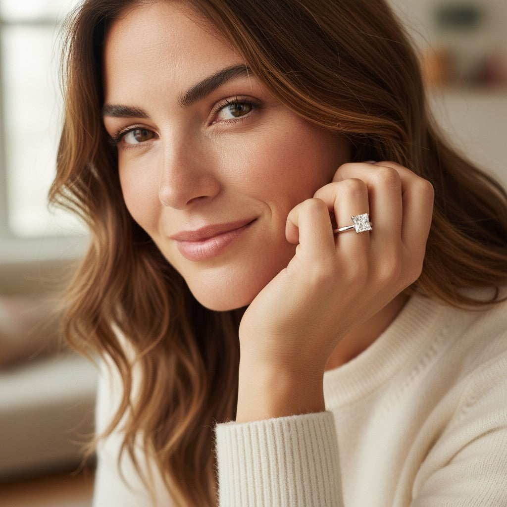 Bee-Bees princess cut moissanite solitaire ring in 925 sterling silver worn by a woman with a soft smile.