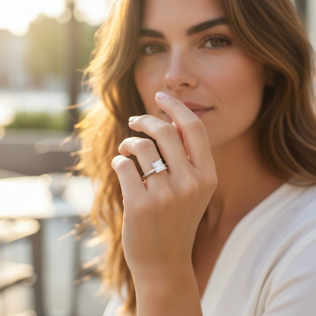 Bee-Bees princess cut moissanite solitaire ring in 925 sterling silver worn by a woman in soft outdoor sunlight.