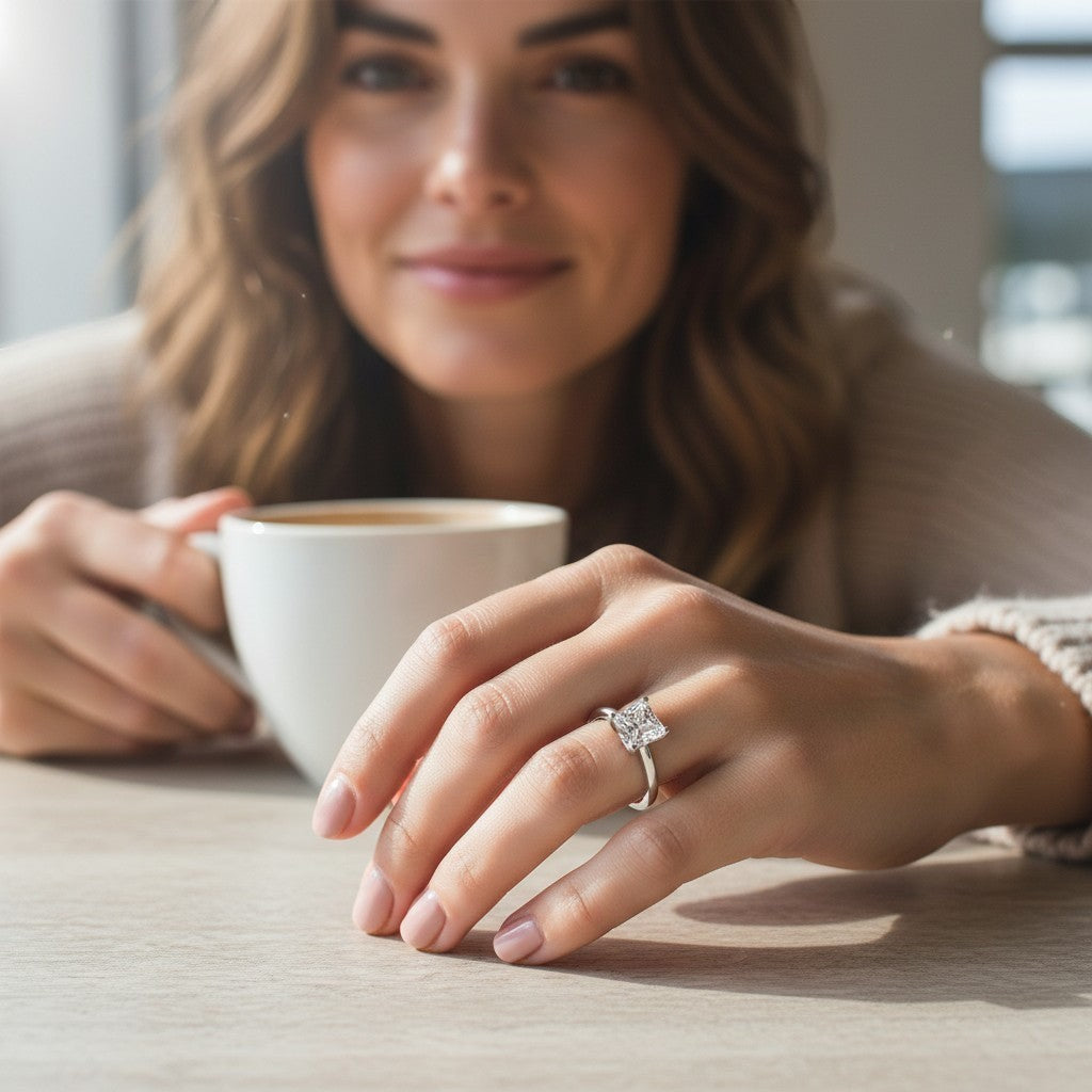 Bee-Bees princess cut moissanite solitaire ring on a woman's hand, set in 925 sterling silver with white gold plating.