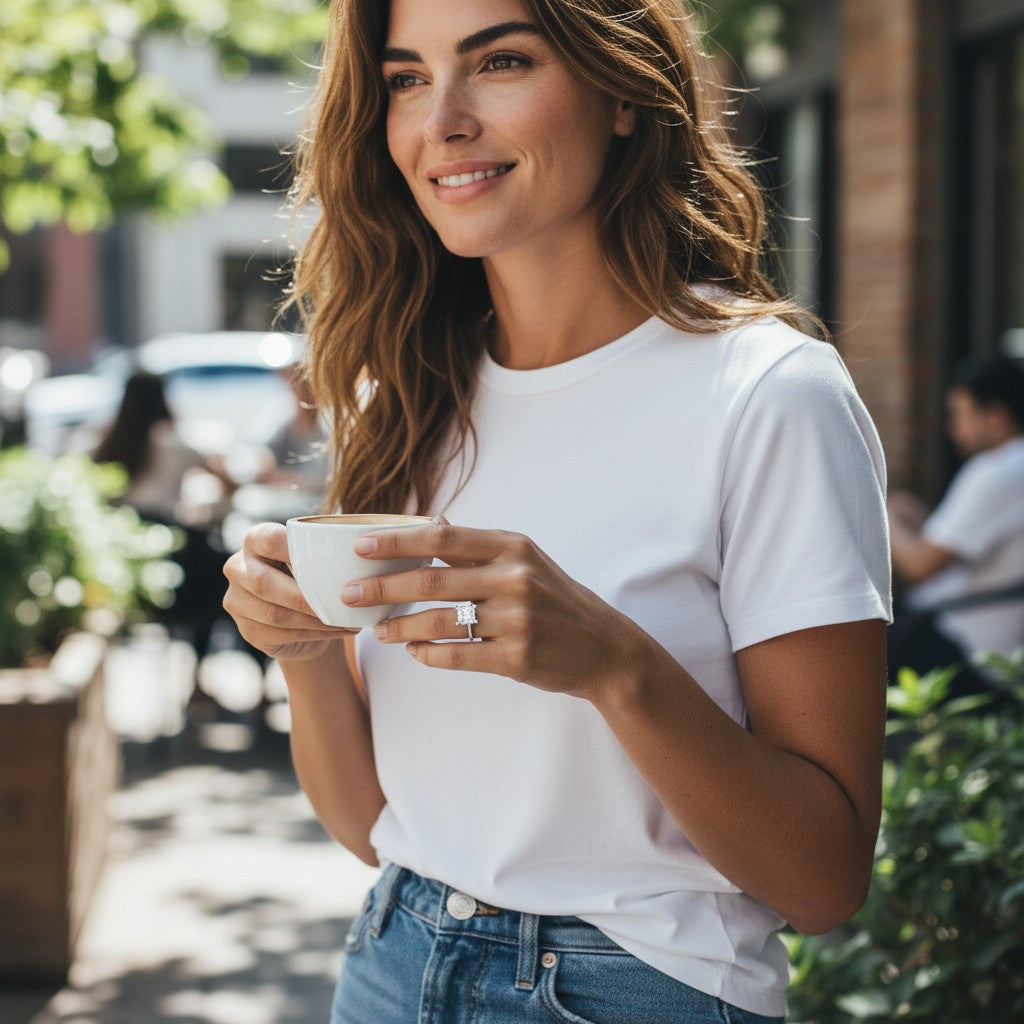 Bee-Bees princess cut moissanite engagement ring in 925 sterling silver worn by a woman holding a coffee cup