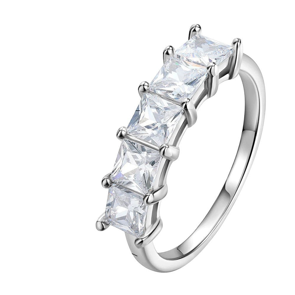 Bee-Bees Princess cut moissanite wedding band in 18k gold-plated sterling silver with five square stones.