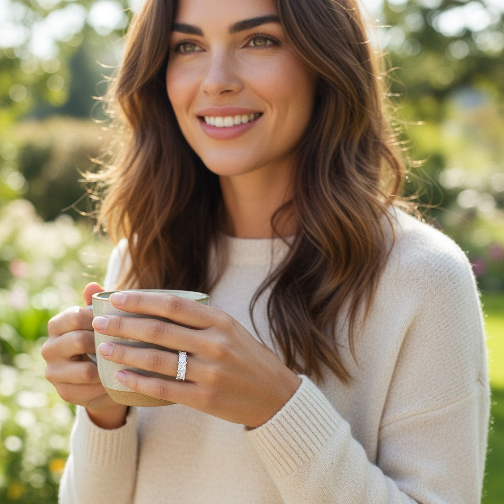 Bee-Bees 18k gold-plated sterling silver wedding band with princess-cut moissanite stones worn by a smiling woman.