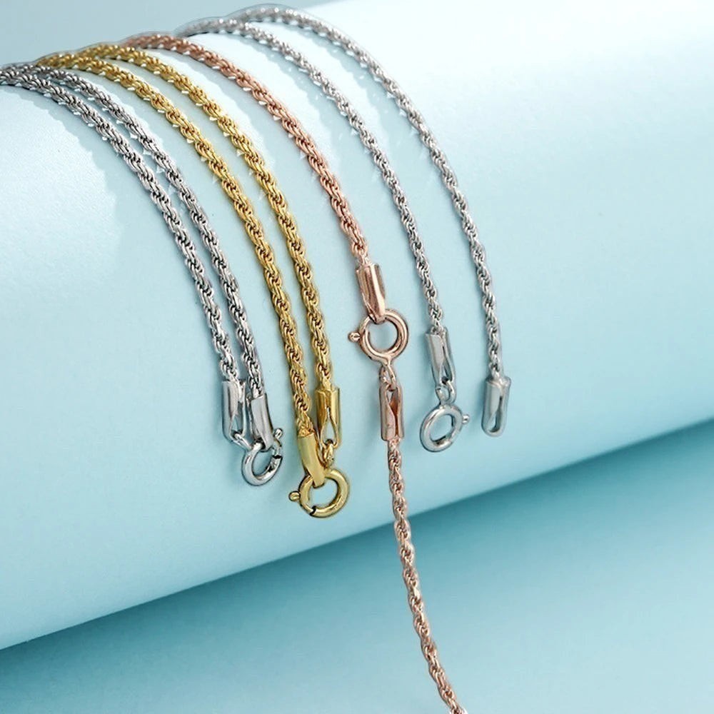 Bee-Bees rope chain necklaces in silver, gold, and rose gold finishes. Hypoallergenic 925 sterling silver.