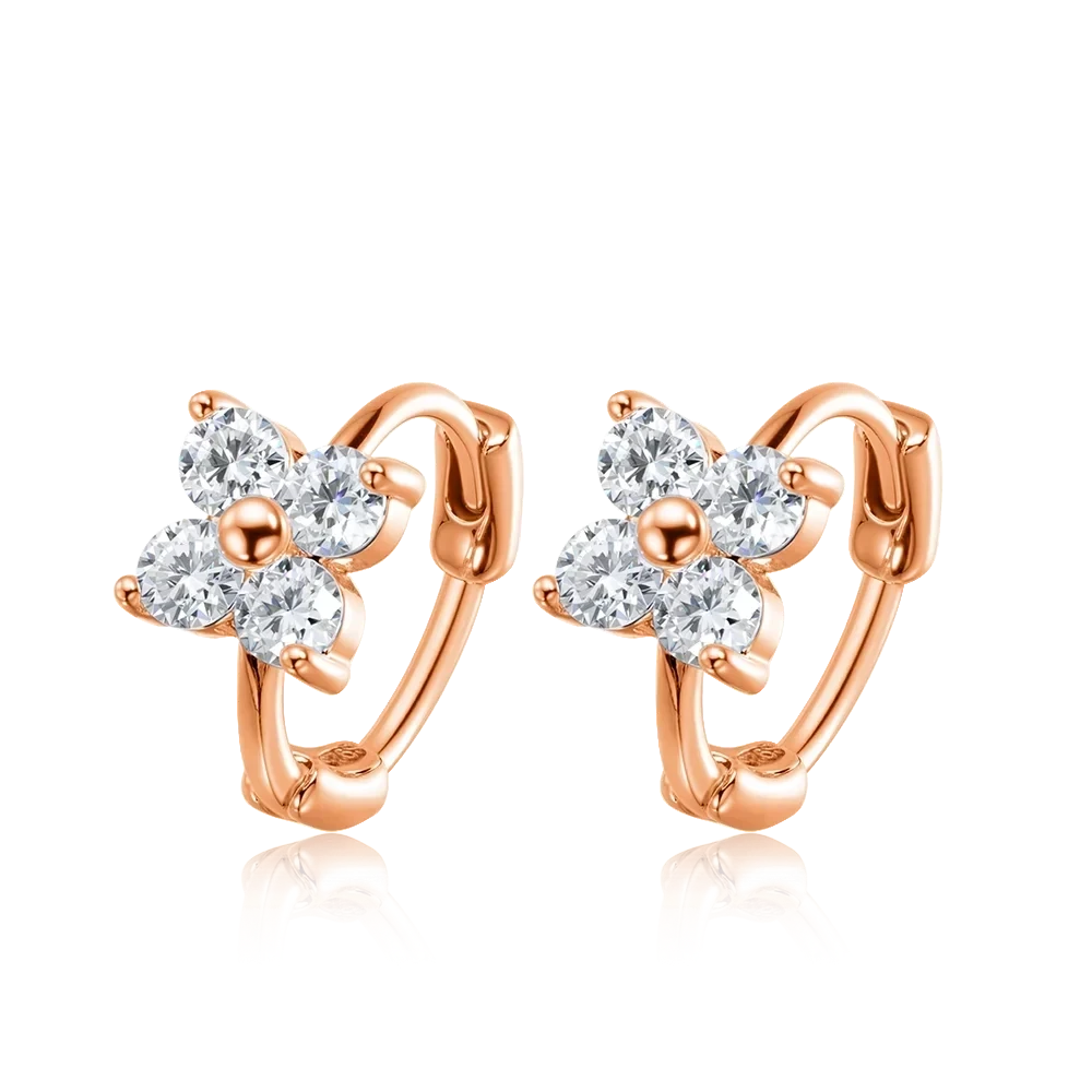 Bee-Bee's rose gold sterling silver hoop earrings with four clear cubic zirconia stones arranged in a flower shape.