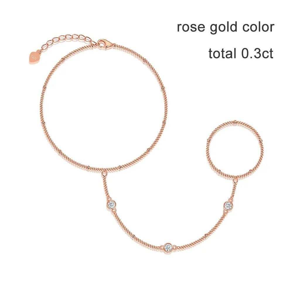 Bee-Bees rose gold 925 silver adjustable bracelet with 3mm moissanite stones and connected ring.