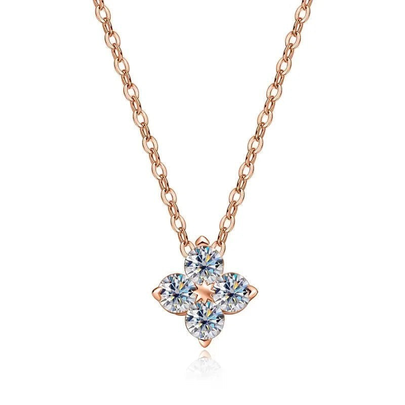Bee-Bee's rose gold plated S925 silver necklace with four 0.4ct D VVS1 moissanite stones in a clover design.