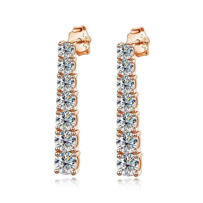 Bee-Bee's rose gold plated S925 sterling silver drop earrings with 14 D VVS1 moissanite stones, 2.5cm length, wedding jewelry.