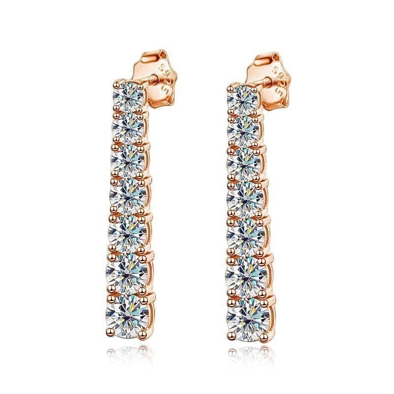 Bee-Bee's rose gold plated S925 sterling silver drop earrings with 14 D VVS1 moissanite stones, 2.5cm length, wedding jewelry.