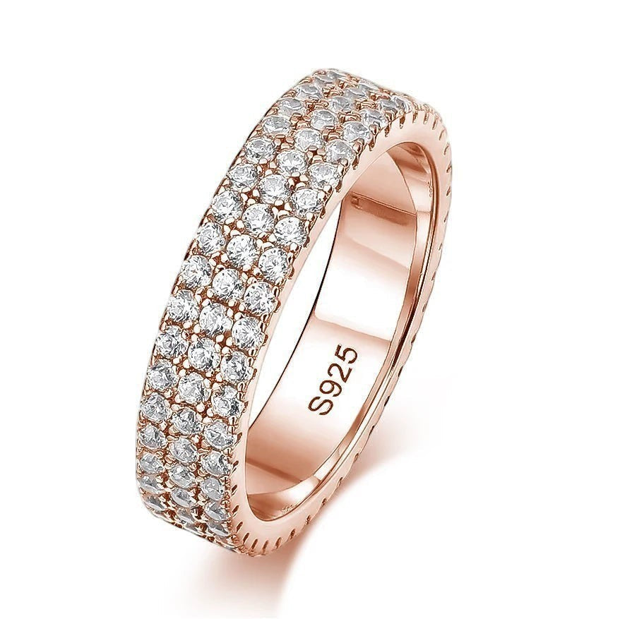 Bee-Bees rose gold plated 925 sterling silver eternity ring with two rows of sparkling moissanite stones.
