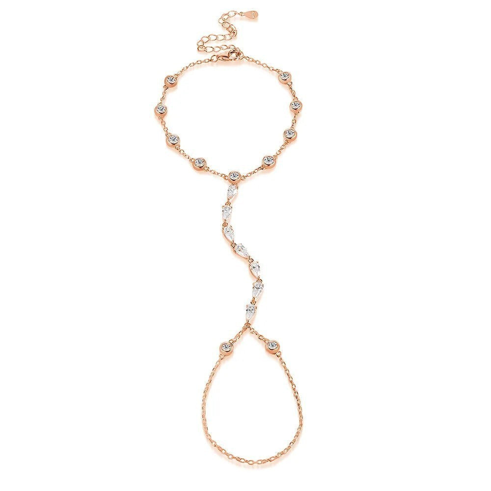 Bee-Bees rose gold 925 silver adjustable hand chain bracelet with 3mm round and pear-cut moissanite stones.