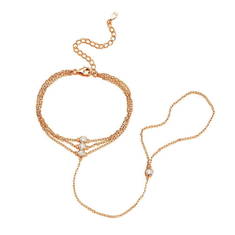 Bee-Bees rose gold 925 sterling silver adjustable hand chain bracelet with three 3mm moissanite stones.