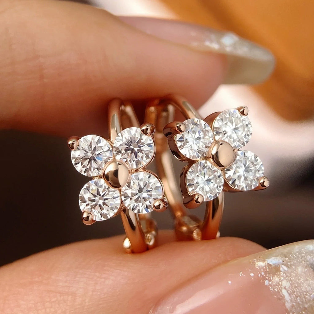 Bee-Bee's rose gold 925 sterling silver hoop earrings with 3mm D Color VVS1 moissanite stones in a floral cluster design.