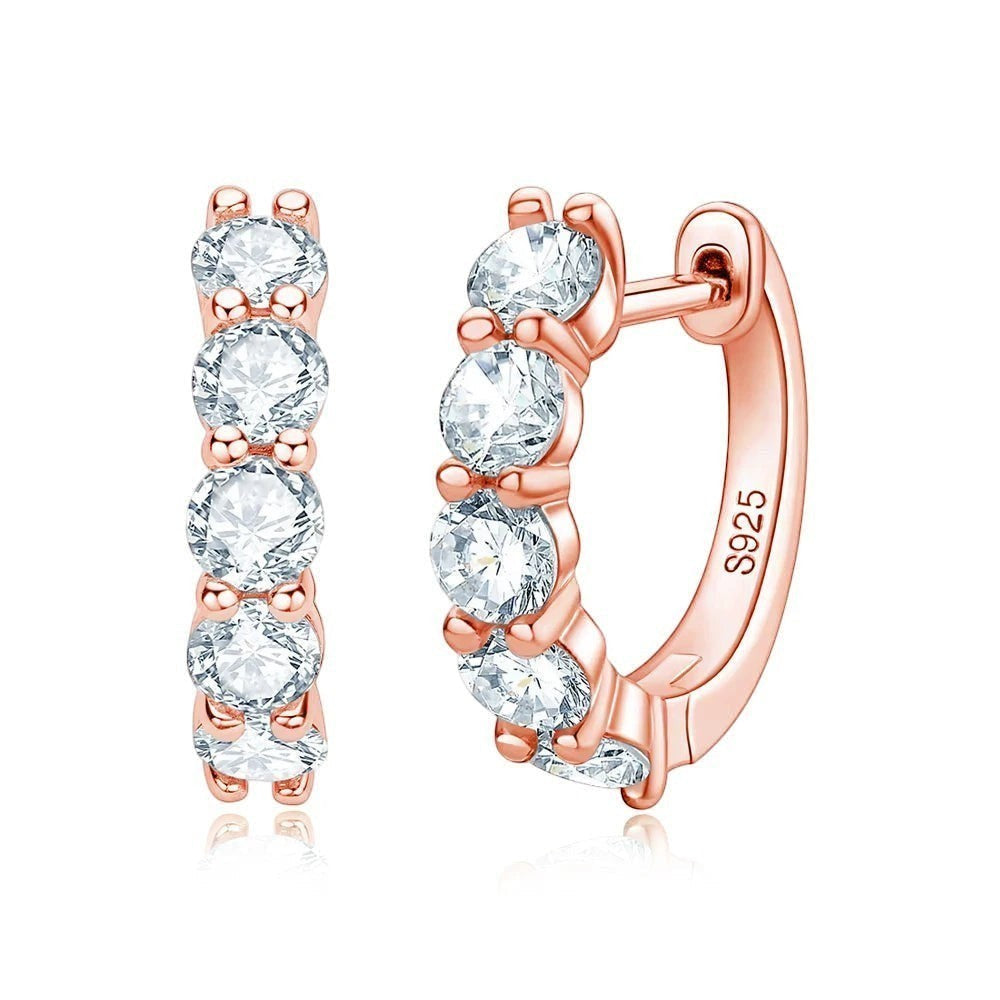 Bee-Bees rose gold plated sterling silver hoop earrings with 3mm & 4mm round D color moissanite stones.