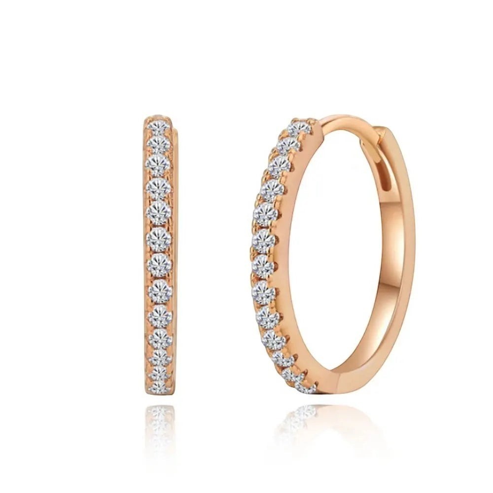 Bee-Bee's rose gold plated sterling silver hoop earrings with D Color VVS1 moissanite stones.