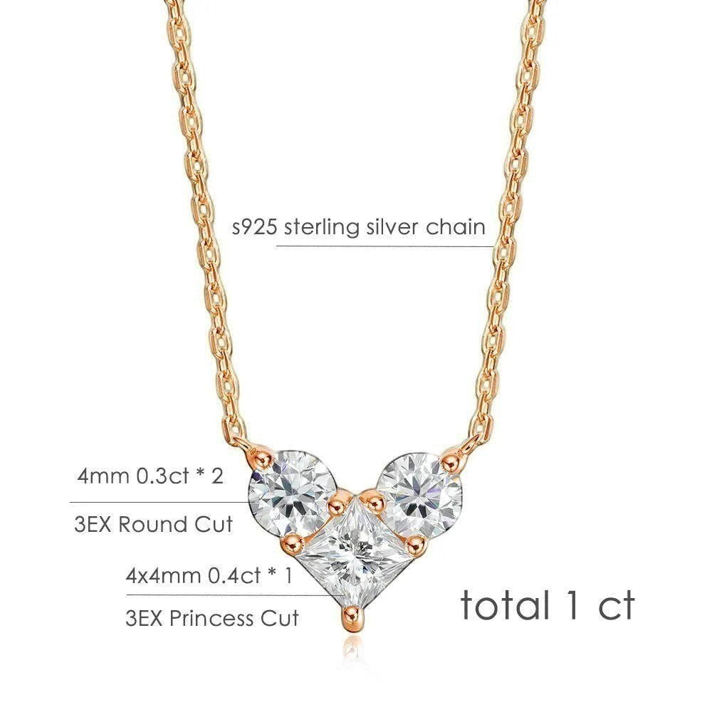 Bee-Bees rose gold plated 925 sterling silver necklace with a 1ct total weight pendant featuring three brilliant-cut moissanite stones: two round and one princess cut.