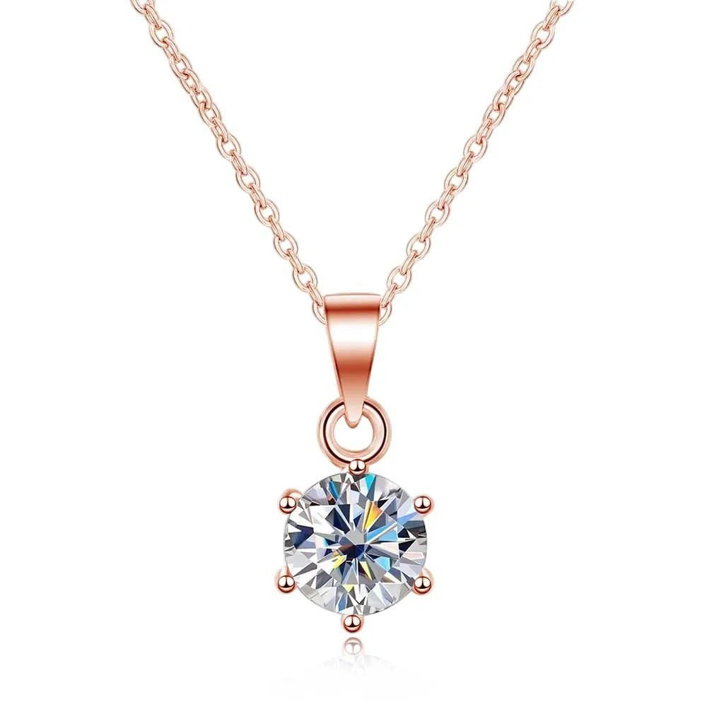 Bee-Bee's rose gold plated S925 sterling silver necklace with a round brilliant cut moissanite pendant.
