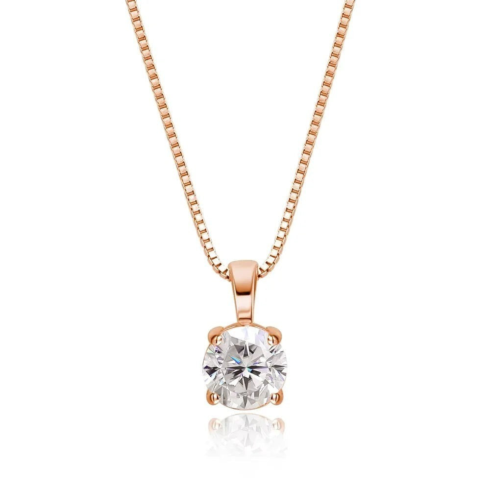 Bee-Bee's 1ct rose gold plated sterling silver necklace with a round D VVS1 moissanite solitaire pendant.