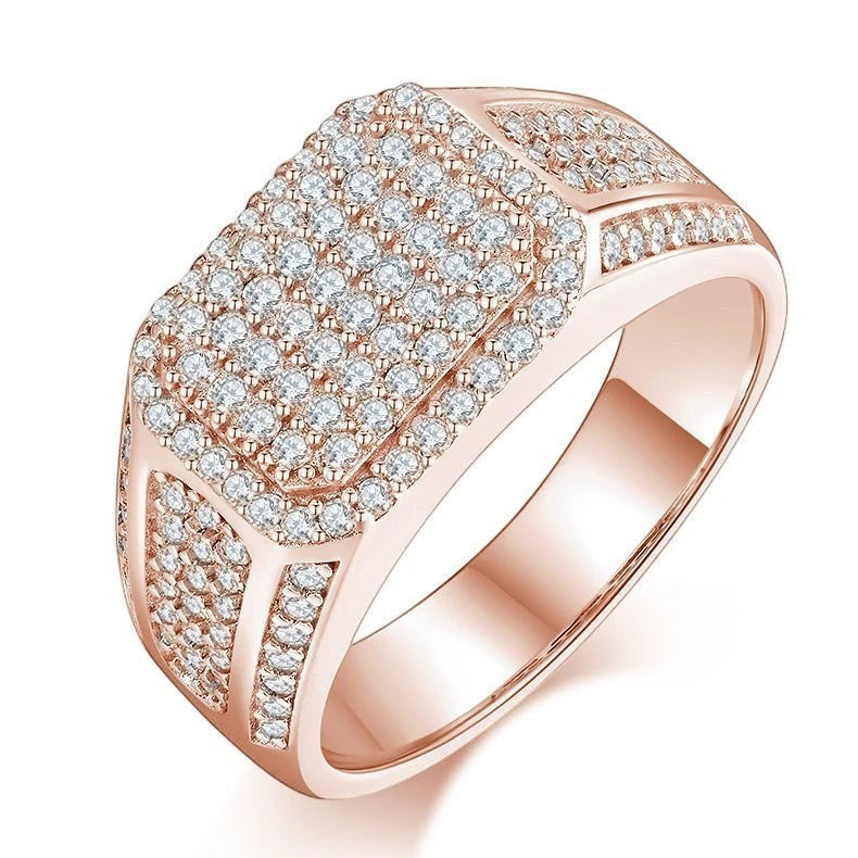 Bee-Bee's rose gold plated 925 sterling silver ring with D VVS moissanite stones in a pave setting.