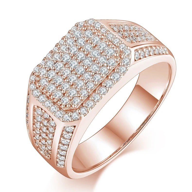 Bee-Bee's rose gold plated 925 sterling silver ring with D VVS moissanite stones in a pave setting.