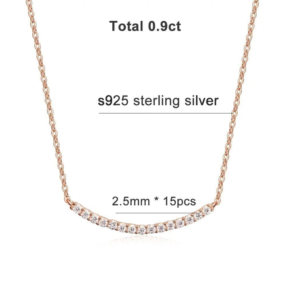 Bee-Bees rose gold plated s925 sterling silver necklace with 15 D VVS1 moissanite stones totaling 0.9ct in a curved smile pendant.
