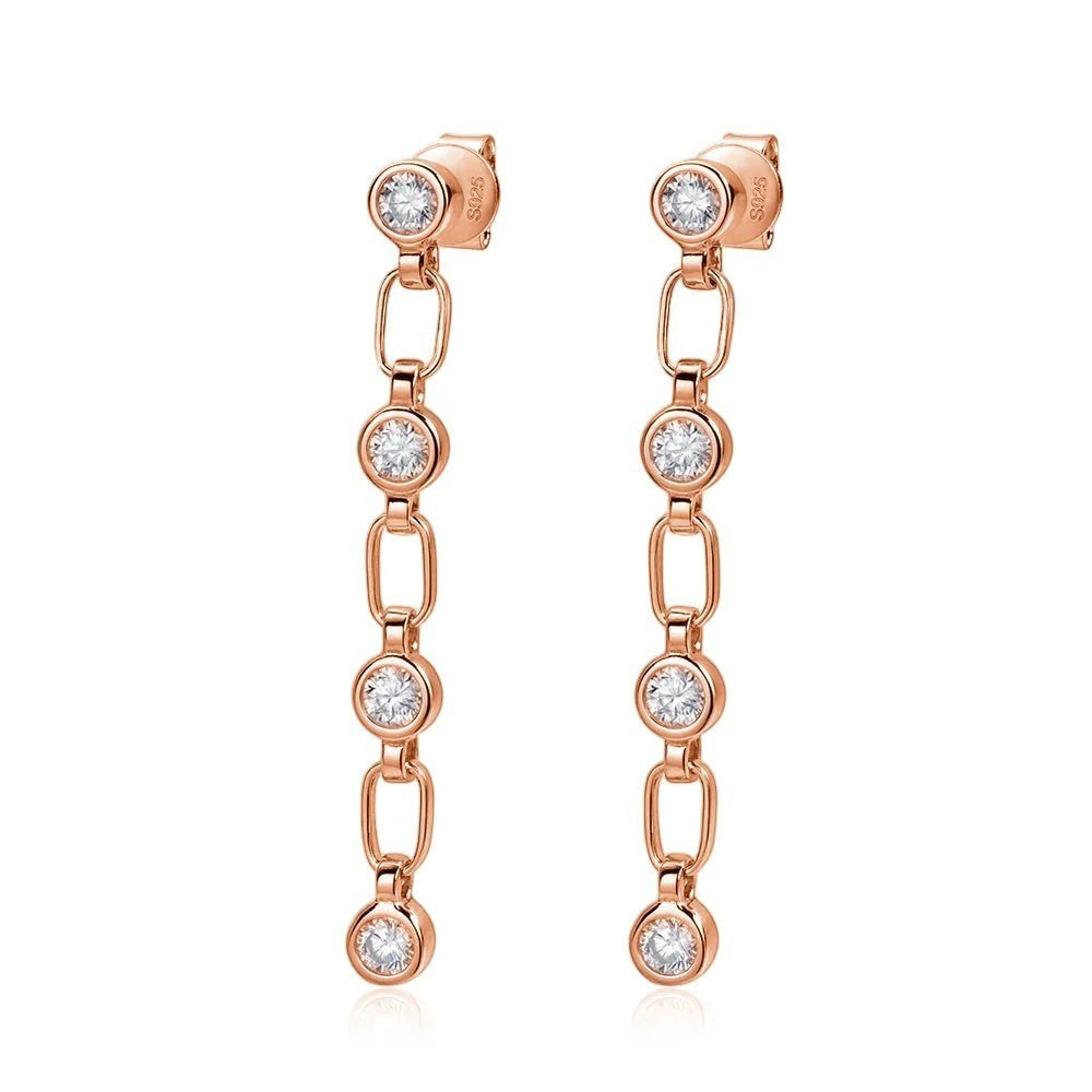Bee-Bee's rose gold plated sterling silver chain tassel earrings with 3mm moissanite stones.